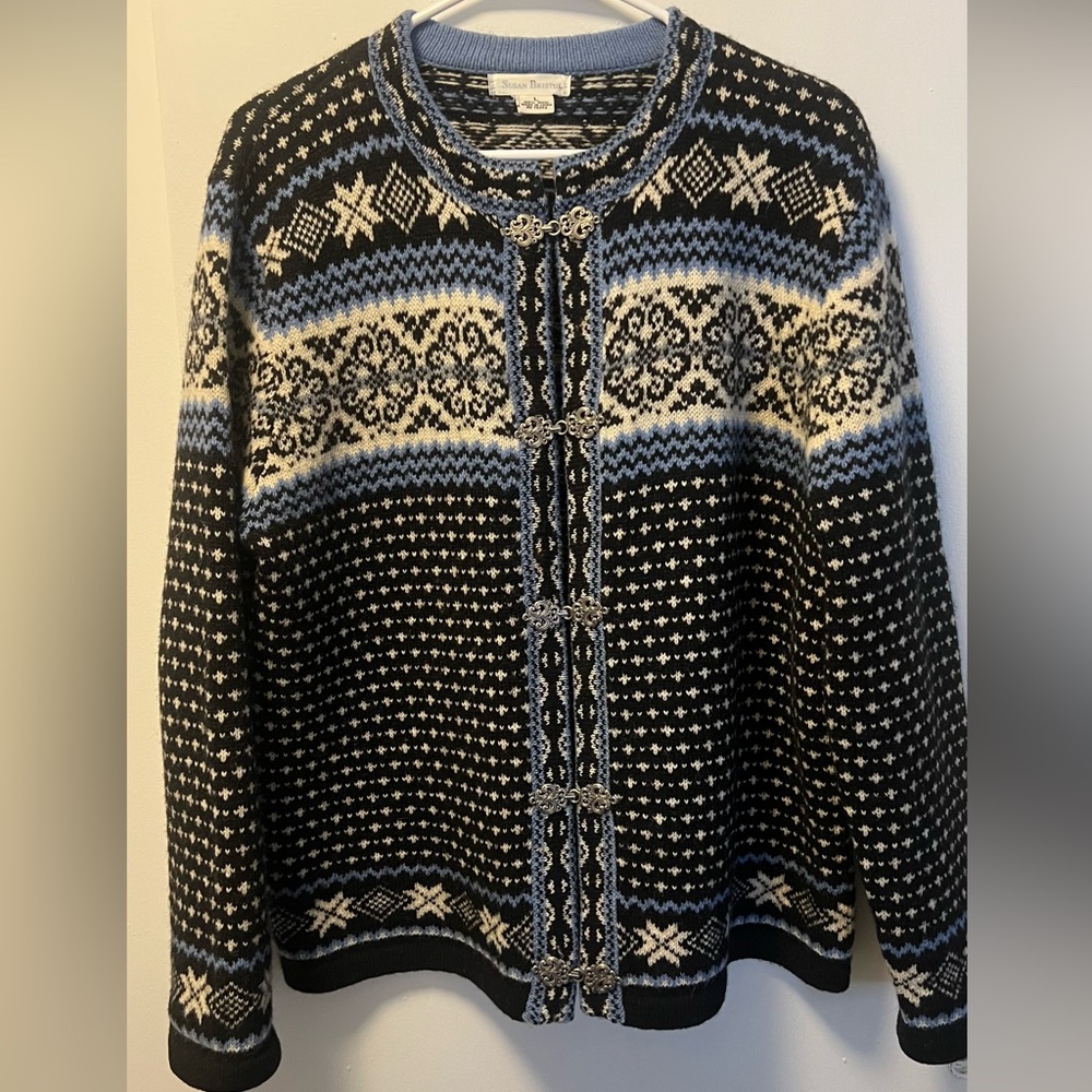 Susan Bristol Vintage Nordic %100 Wool Cardigan With Nordic Clasp